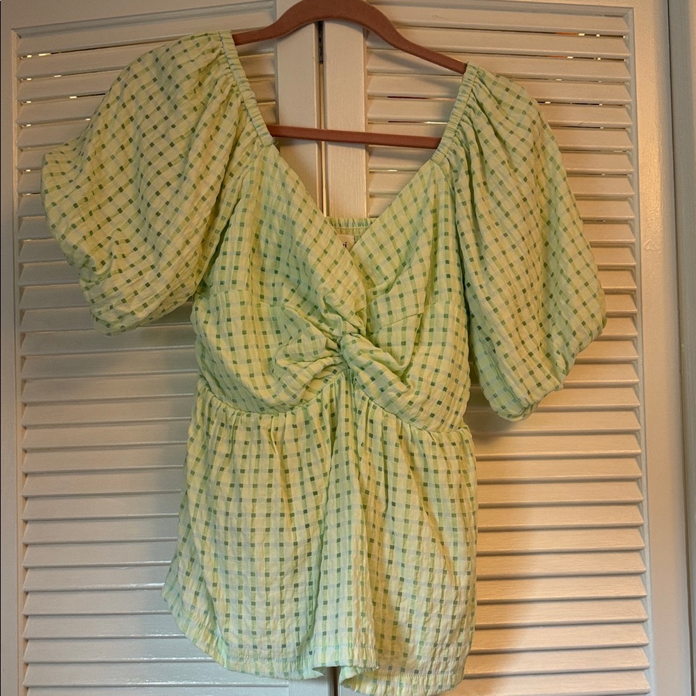 Light Green and White Gingham Puff Sleeve Blouse